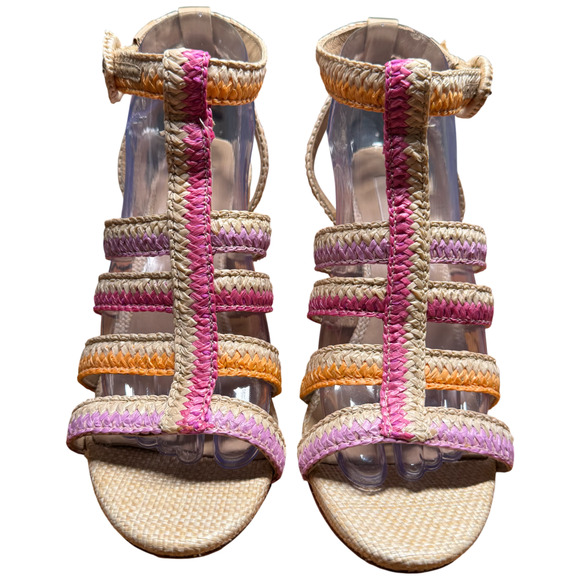 ANTONIO MELANI Gwindolin Women's 9 T-Strap Raffia Dress Sandals Pink Combo Shoes - Picture 9 of 16